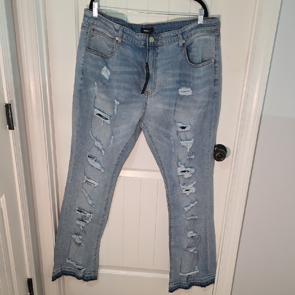 NWT Fashion Nova Men's Trendy Distressed Blue Flare Jeans